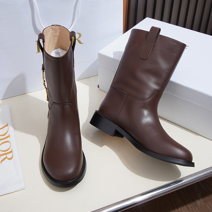 Brown Leather Mid-Calf Boots With Charm