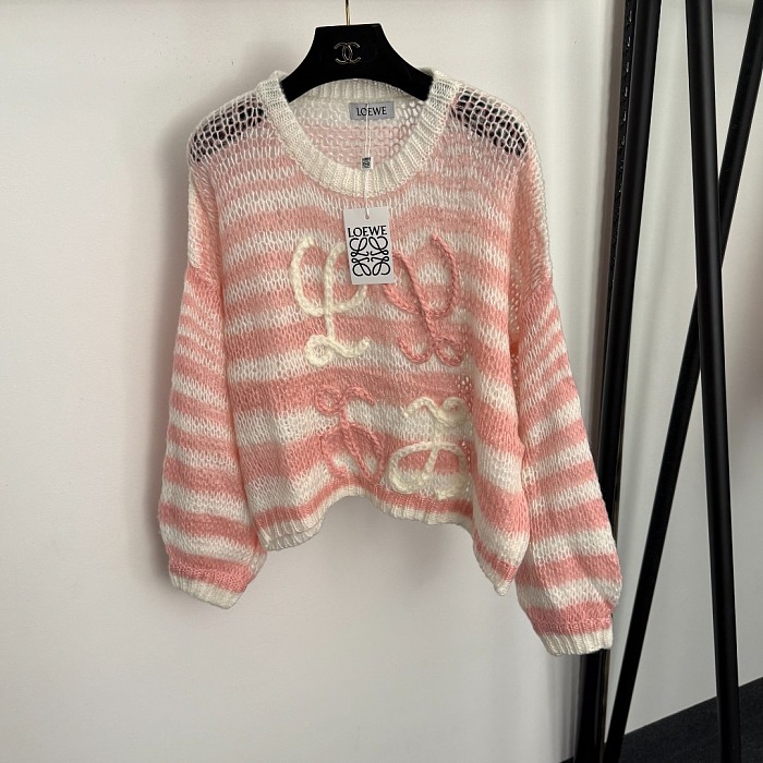 Color Block Striped Cutout Mohair Knit Sweater With Graphic Detail