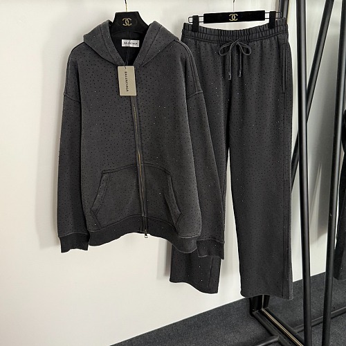 All Over Rhinestone Zip Up Hoodie And Sweatpants Thermal Lounge Set