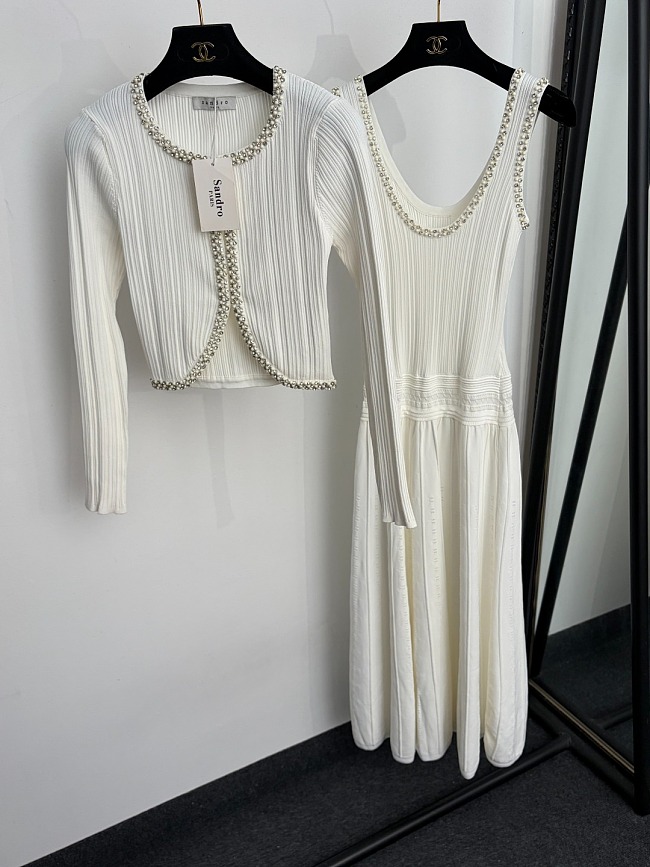 Rhinestone Trimmed Cardigan And Waist Cinch Slip Dress Set