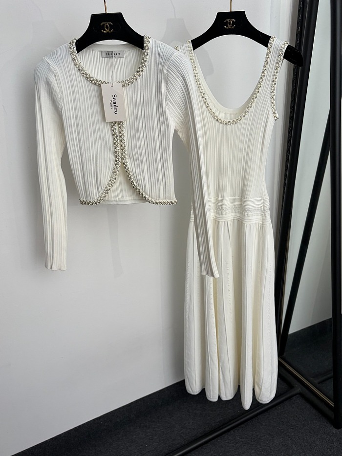 Rhinestone Trimmed Cardigan And Waist Cinch Slip Dress Set