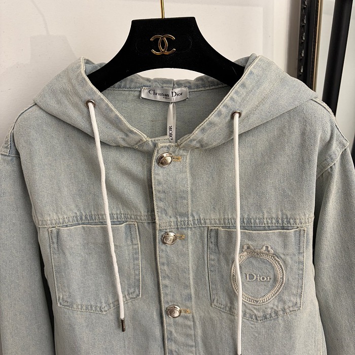 Distressed Bow Letter Embroidered Pocket Washed Denim Hooded Jacket