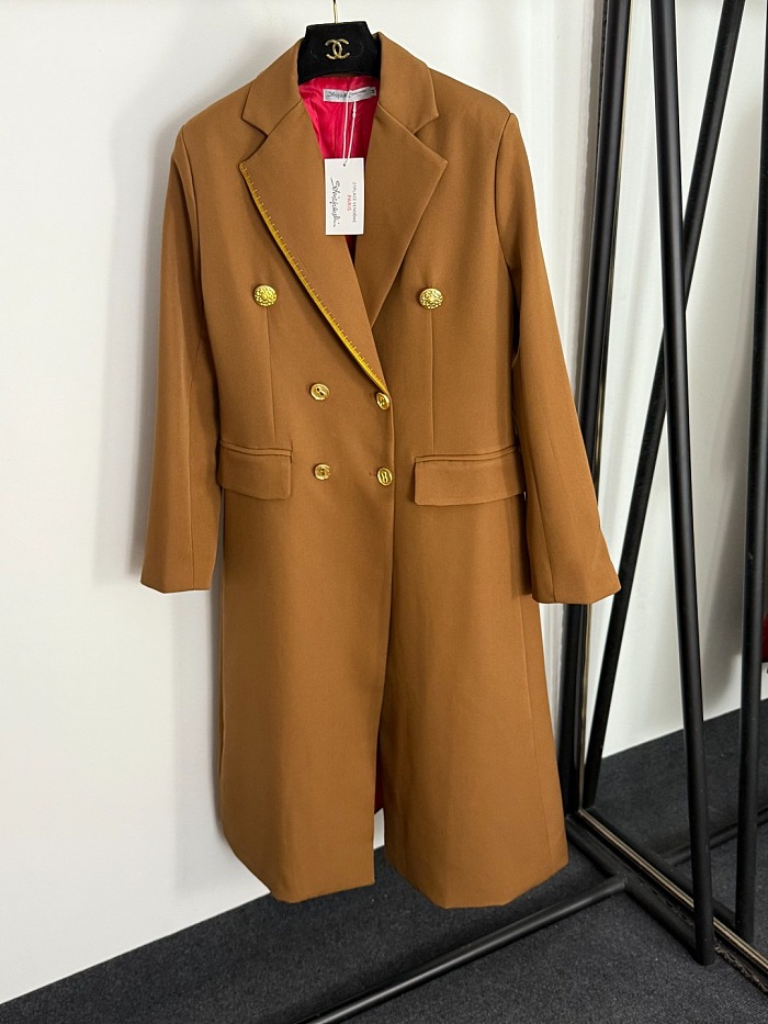 Custom Gold Button Double Breasted Lapel Slim Longline Coat