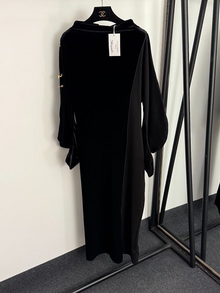Rhinestone Gold Hardware Velvet Patchwork Mock Neck Long Sleeve Dress