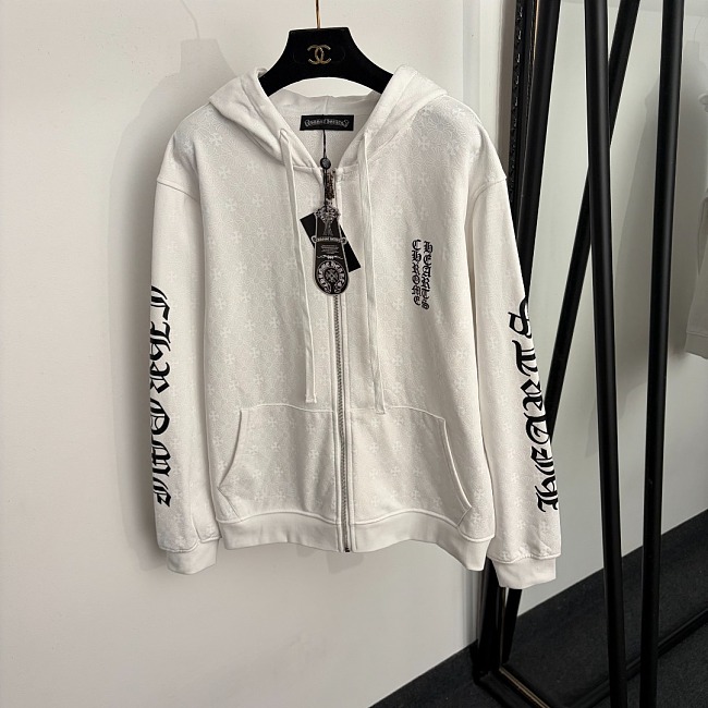 Gothic Cross Graphic Zip Up Hooded White Jacket
