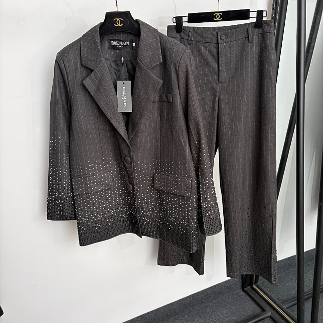 Sparkling Rhinestone Striped Long Sleeve Blazer And Straight Leg Pants Set