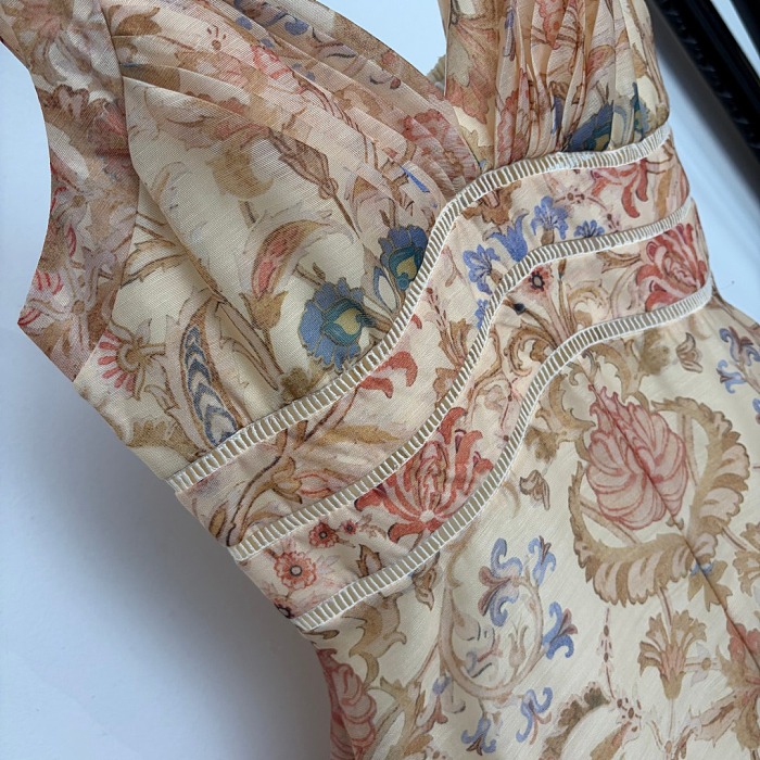 Vintage Floral Print Strapless Waist Cinching Maxi Dress