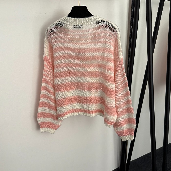 Color Block Striped Cutout Mohair Knit Sweater With Graphic Detail