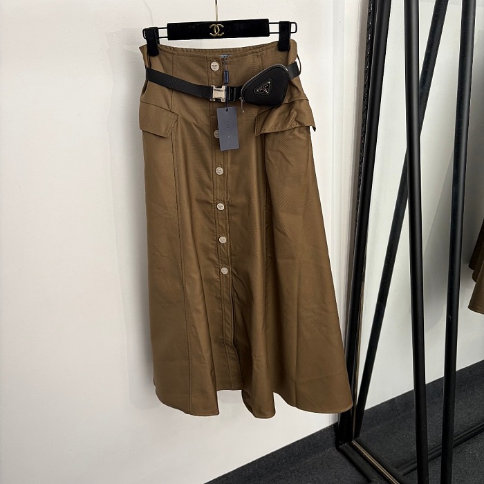 Metal Triangle Graphic Belted Zip Pocket High Waist Midi Skirt