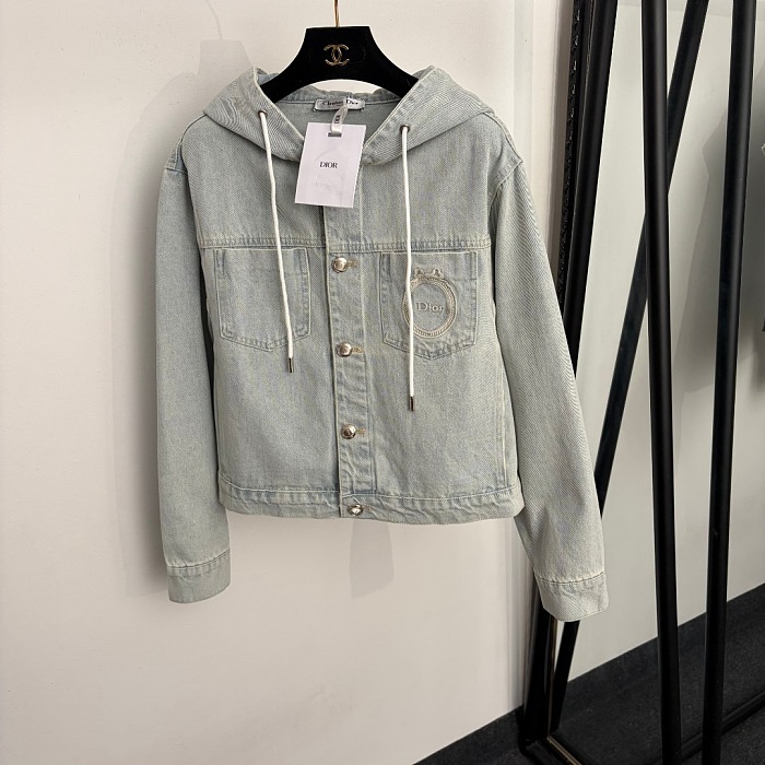 Distressed Bow Letter Embroidered Pocket Washed Denim Hooded Jacket