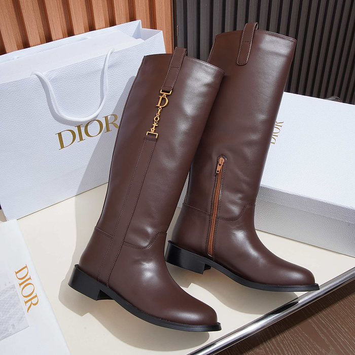 Brown Knee High Riding Boots With Metal Detail