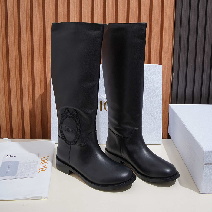 Black Leather Round Toe Low Heel Knee High Boots