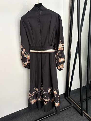 Floral Bird Print Tie Waist Long Sleeve Maxi Dress