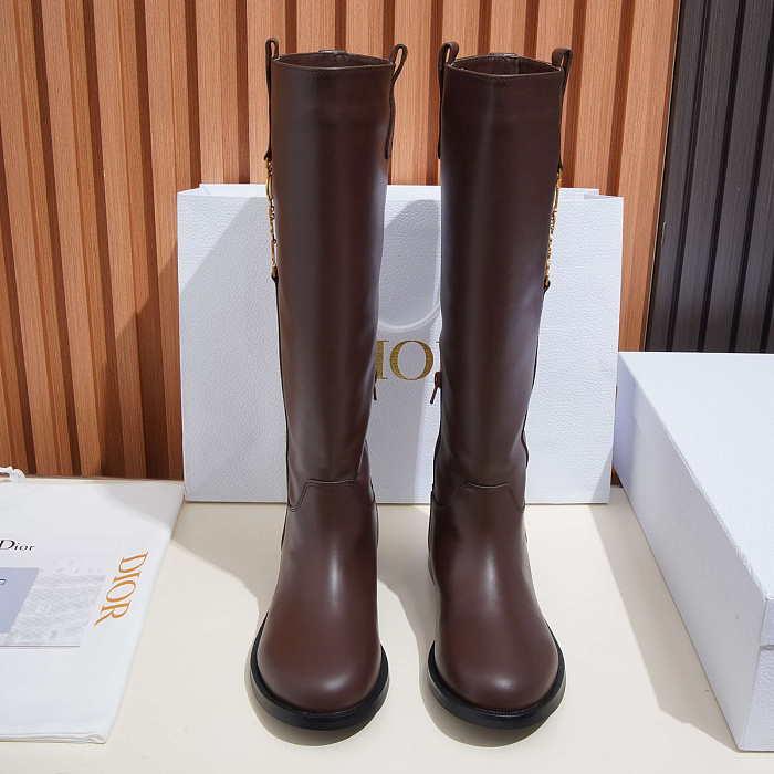Brown Knee High Riding Boots With Metal Detail