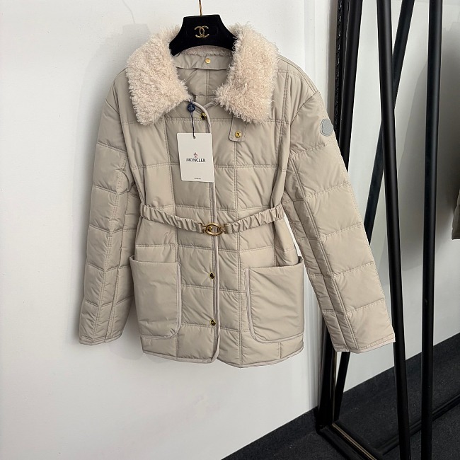 Detachable Faux Fur Collar Quilted Embroidered Belted Slim Cotton Coat