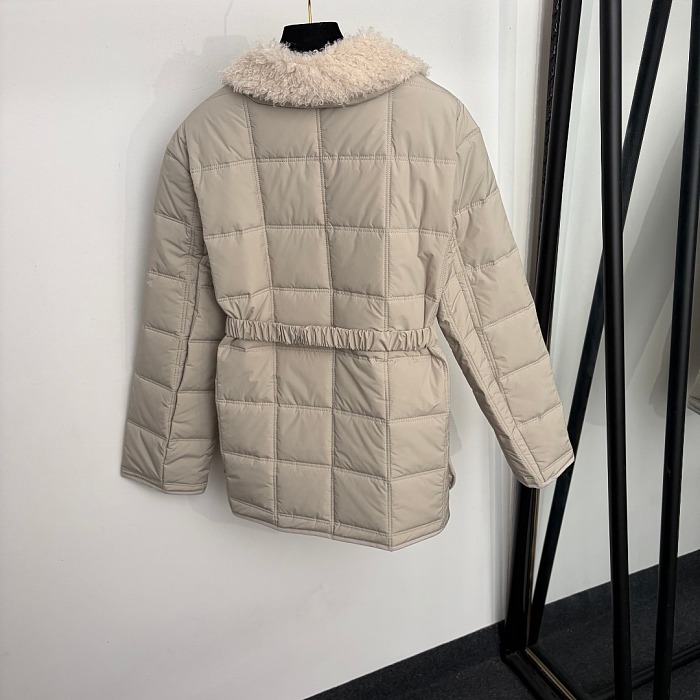 Detachable Faux Fur Collar Quilted Embroidered Belted Slim Cotton Coat