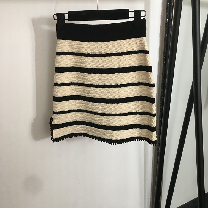 Contrast Striped Lapel Short Sleeve Knit Top And A Line Mini Skirt Set