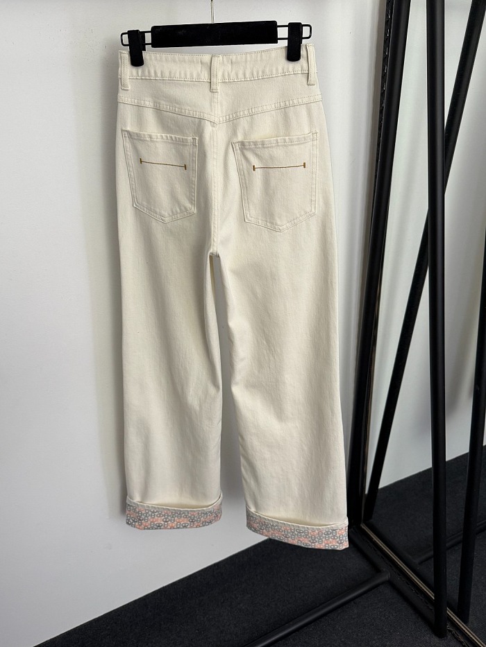 Chic Graphic Print Rolled Cuff Slim Fit Denim Pants