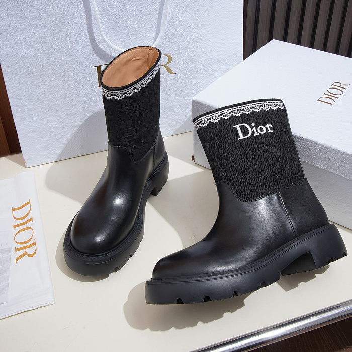 Black Leather Chunky Sole Mid Calf Boots With Contrast Knitted Shaft