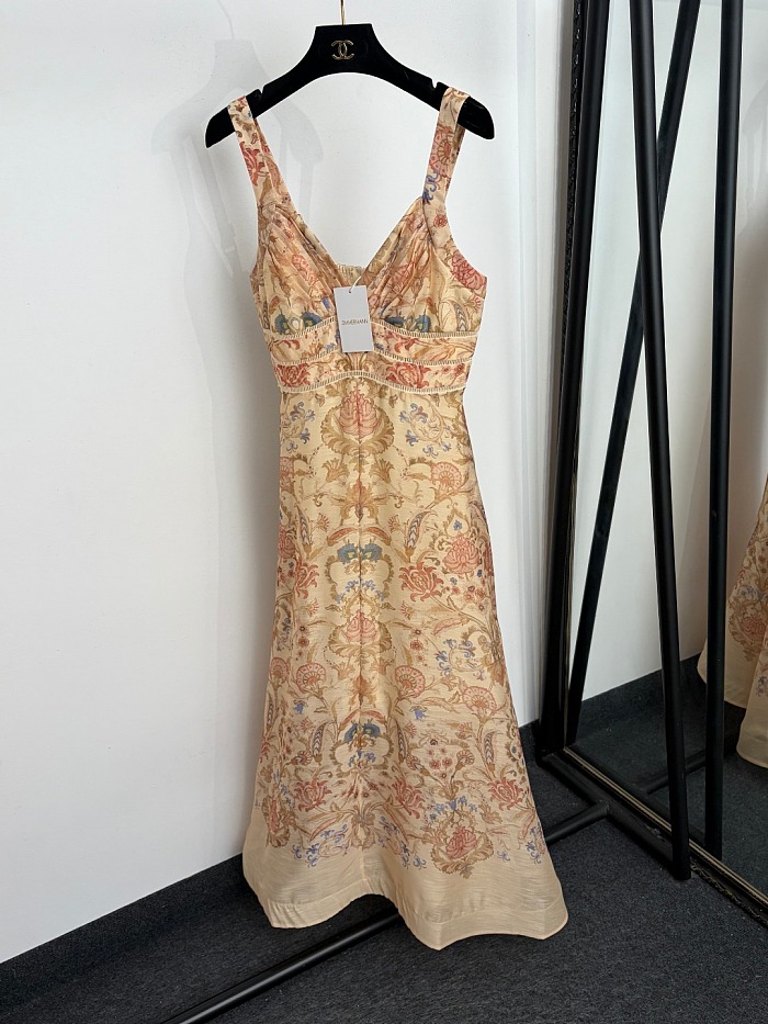Vintage Floral Print Strapless Waist Cinching Maxi Dress