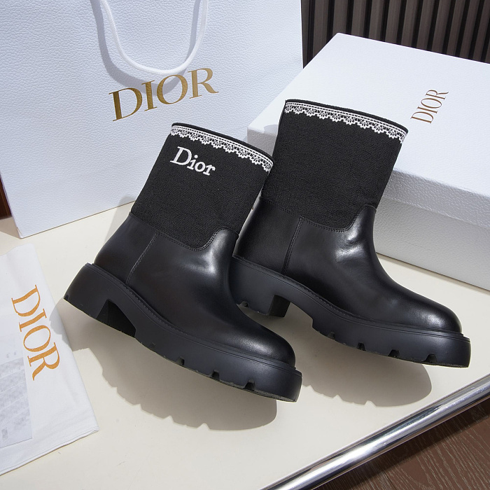 Black Leather Chunky Sole Mid Calf Boots With Contrast Knitted Shaft