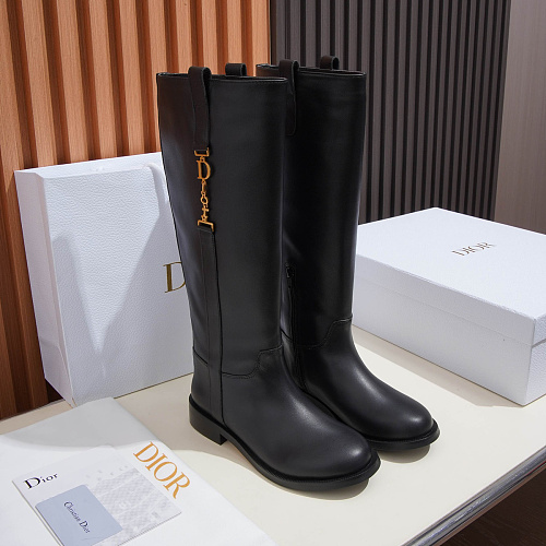 Black Leather Knee High Boots With Metal Chain Detail