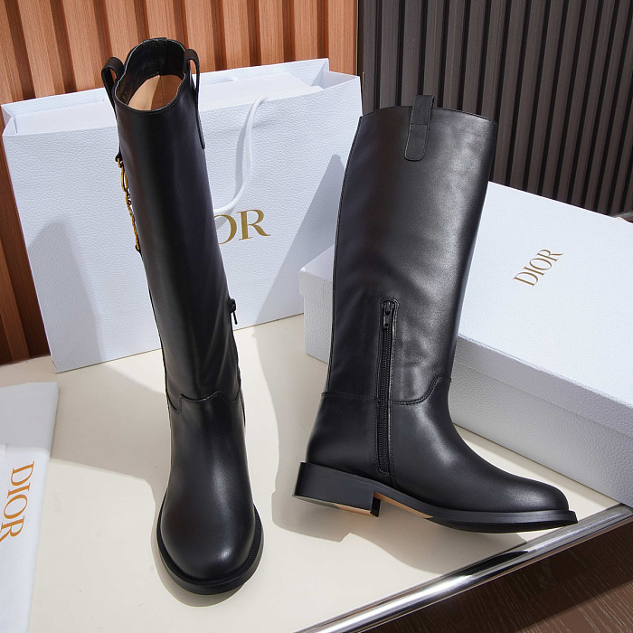 Black Leather Knee High Boots With Metal Chain Detail