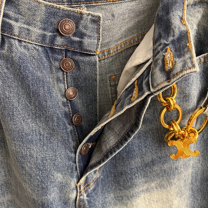 Metal Chain Trim High Waist Slimming Blue Denim Pants