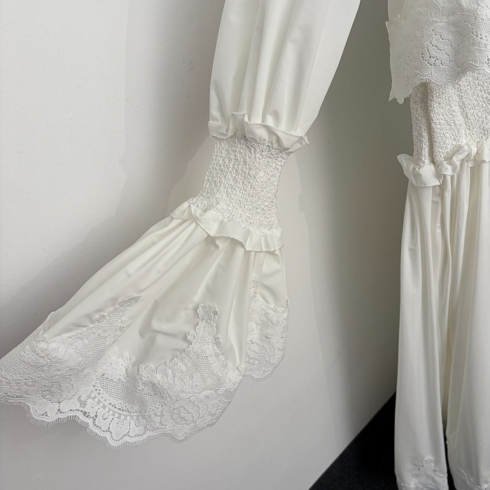 Elegant Lace Ruffle Waist Flared Long Sleeve Maxi Dress