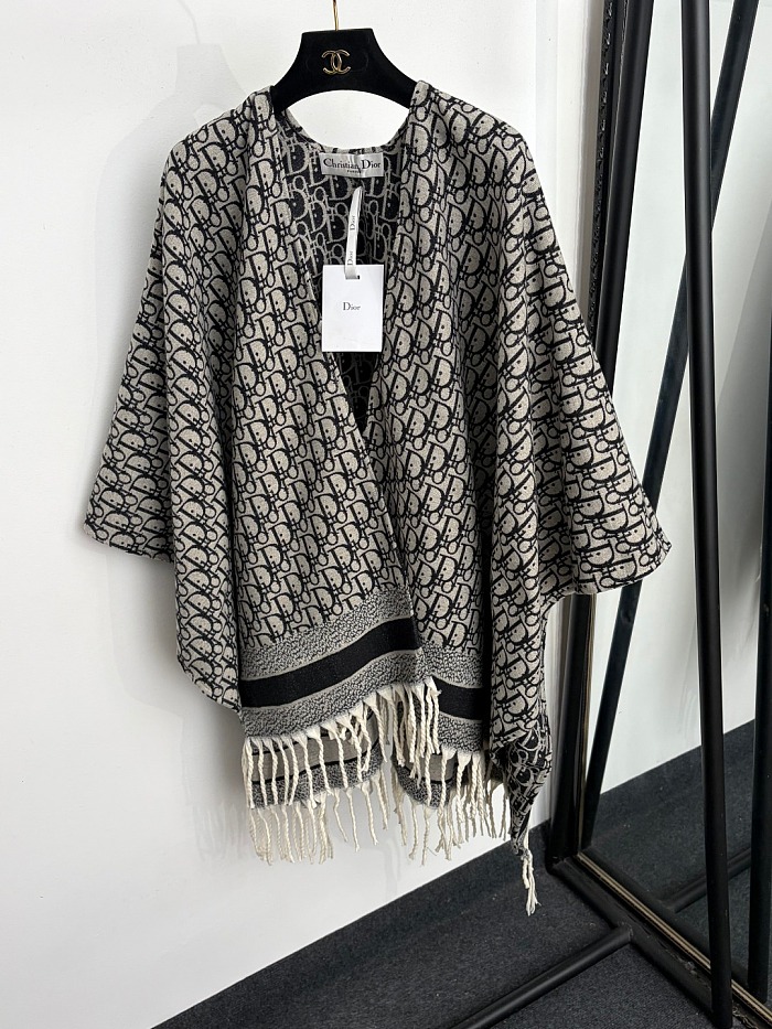 Monogram Letter Print Fringe Hem Cashmere Knit Cardigan Shawl