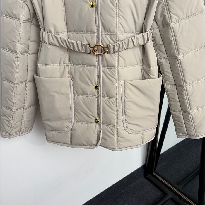 Detachable Faux Fur Collar Quilted Embroidered Belted Slim Cotton Coat