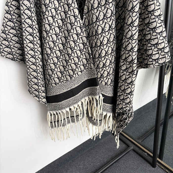 Monogram Letter Print Fringe Hem Cashmere Knit Cardigan Shawl