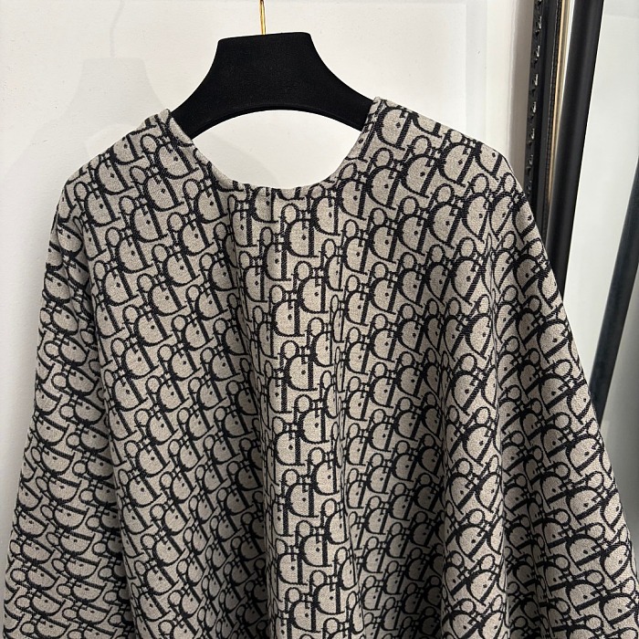 Monogram Letter Print Fringe Hem Cashmere Knit Cardigan Shawl