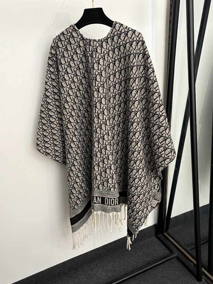 Monogram Letter Print Fringe Hem Cashmere Knit Cardigan Shawl