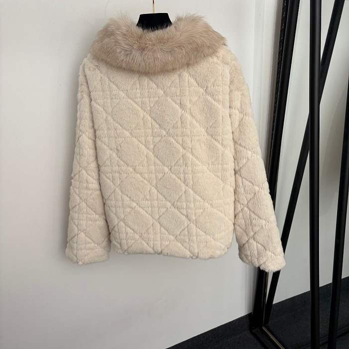Argyle Plaid Faux Fur Collar Long Sleeve Fluffy Coat