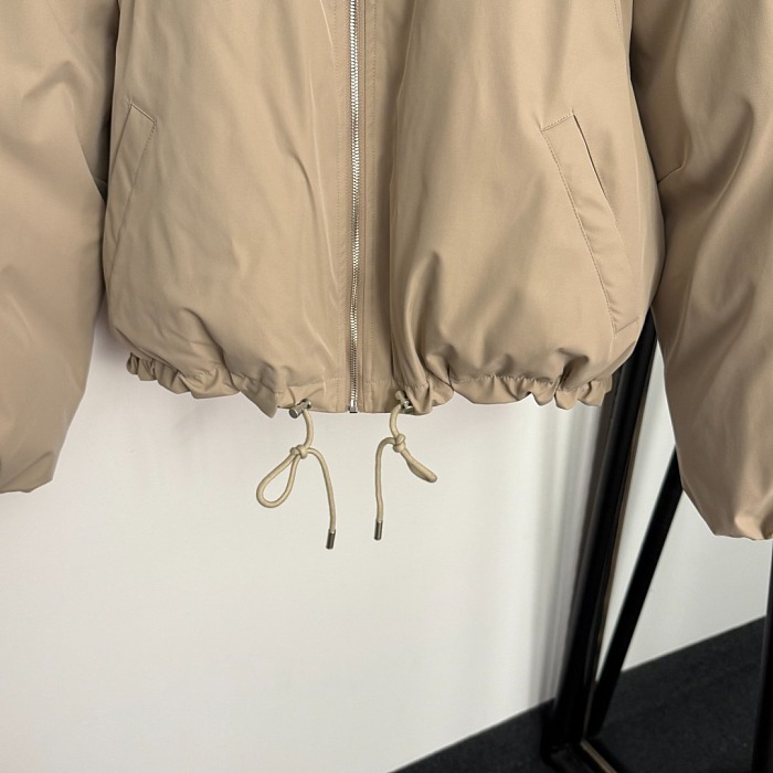 Embroidered Letter Drawstring Waist Lapel Zip Up Cotton Padded Jacket