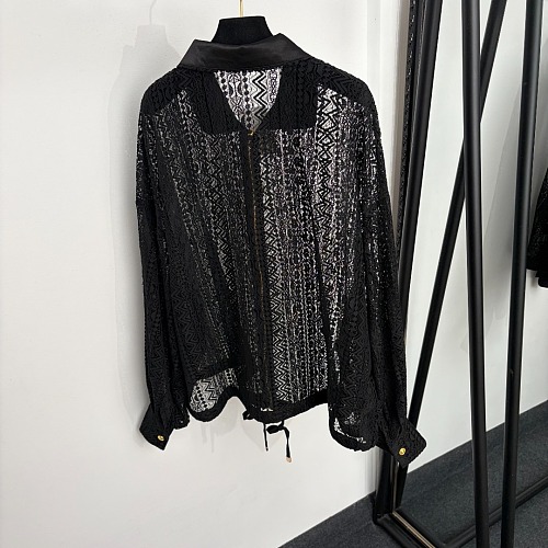 Oversized Metallic Buckle Zip Lace Cutout Lapel Sun Protection Jacket