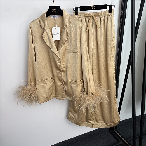 Chic Monogram Print Feather Trim Shirt And Wide Leg Pants Loungewear Set