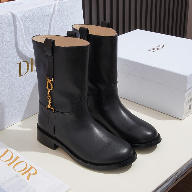 Black Leather Mid-Calf Boots With Metallic Detail