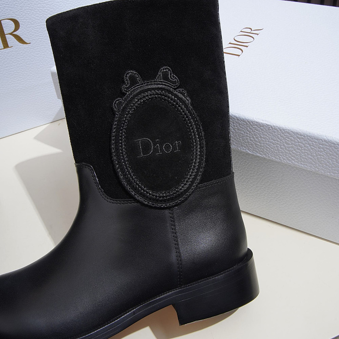Black Leather And Suede Panel Round Toe Mid Calf Boots
