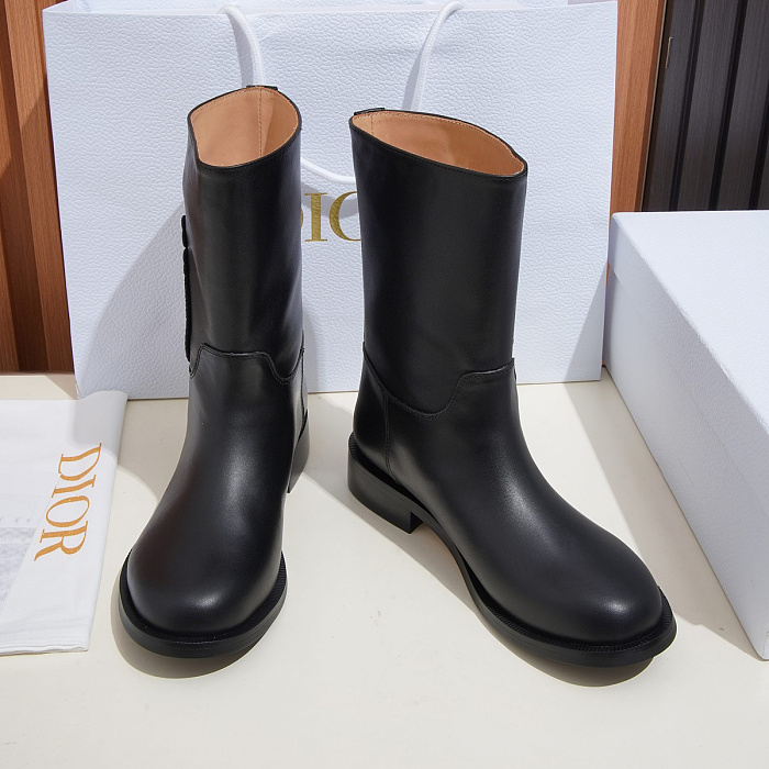 Black Leather Mid-Calf Boots With Round