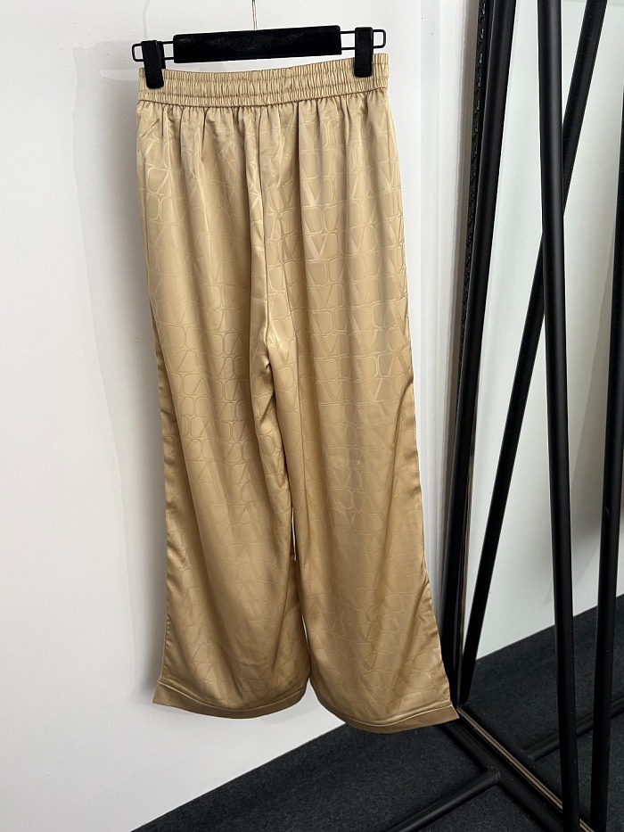 Chic Monogram Print Feather Trim Shirt And Wide Leg Pants Loungewear Set