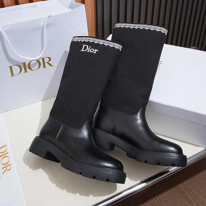 Black Leather And Fabric Contrast Knit Shaft Chunky Lug Sole Boots