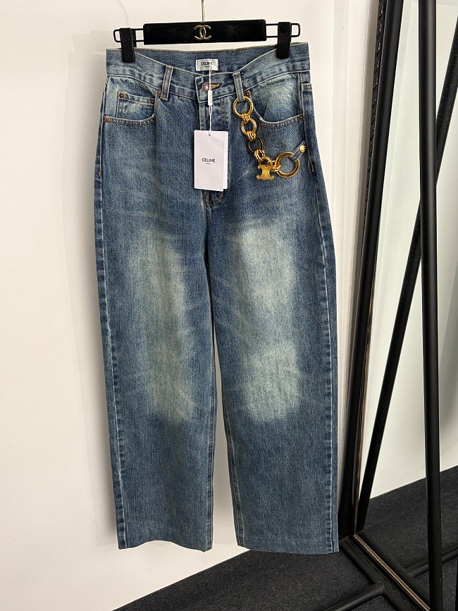 Metal Chain Trim High Waist Slimming Blue Denim Pants