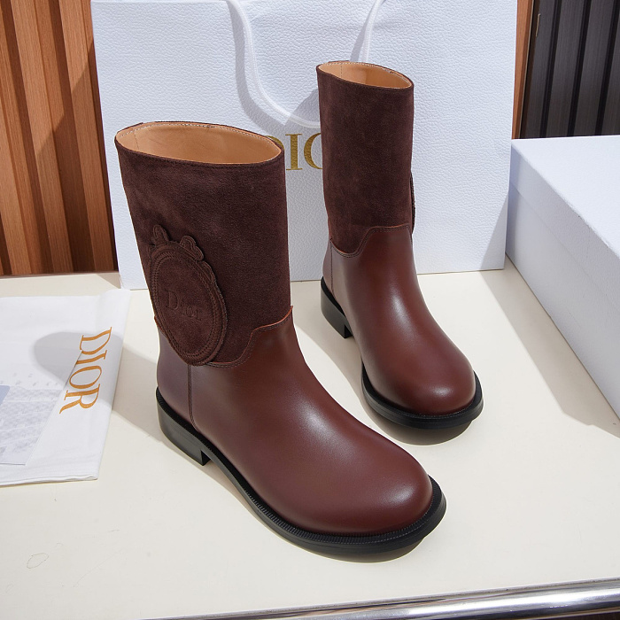 Two-Tone Leather Suede Mid-Calf Boots With Round