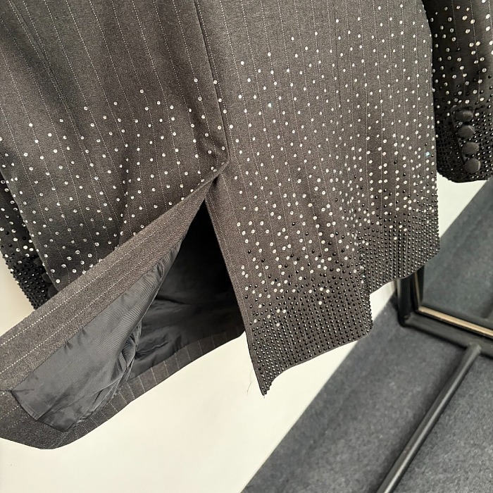 Sparkling Rhinestone Striped Long Sleeve Blazer And Straight Leg Pants Set