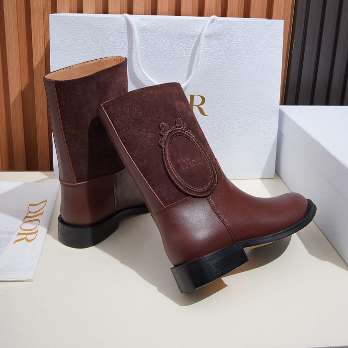 Two-Tone Leather Suede Mid-Calf Boots With Round