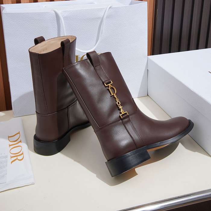 Brown Leather Mid-Calf Boots With Charm