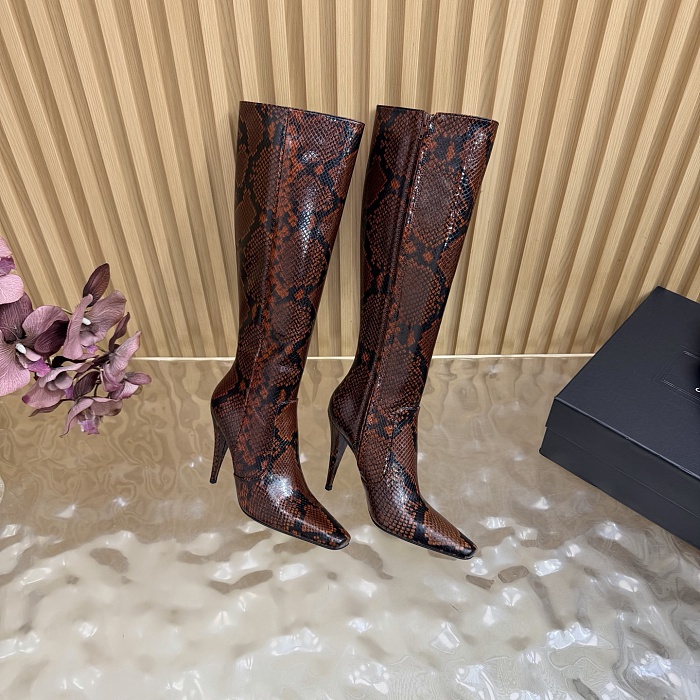 Snake Embossed Pointed Toe High Heel Boots