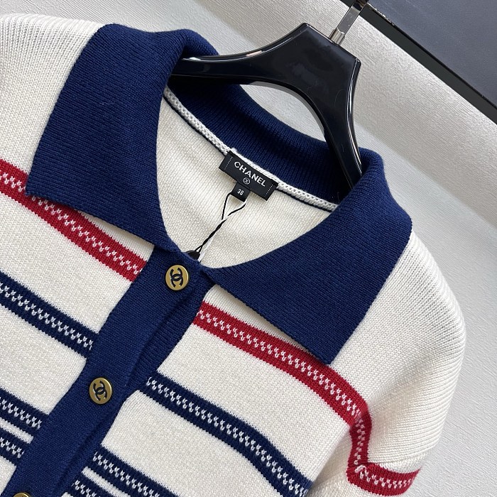 Contrast Lapel Striped Knit Cardigan With Metal Icon Details